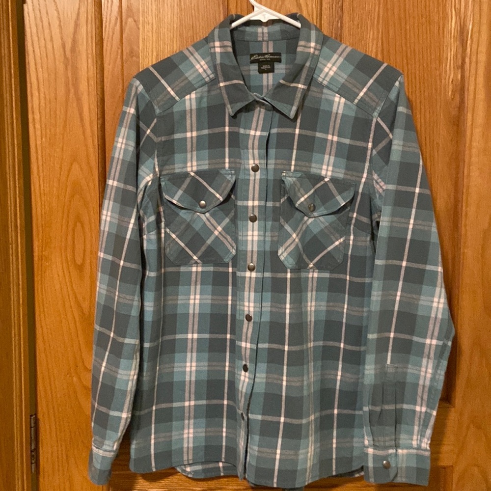 Eddie Bauer cotton shirt. Size L. Green plaid.